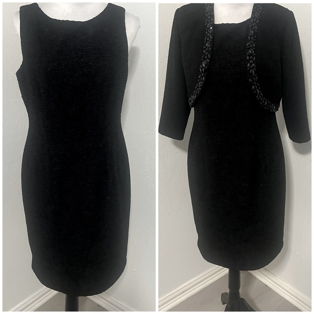 Jessica Howard Women Petite 10P Black 2 Piece Dress Matching Embellished Jacket